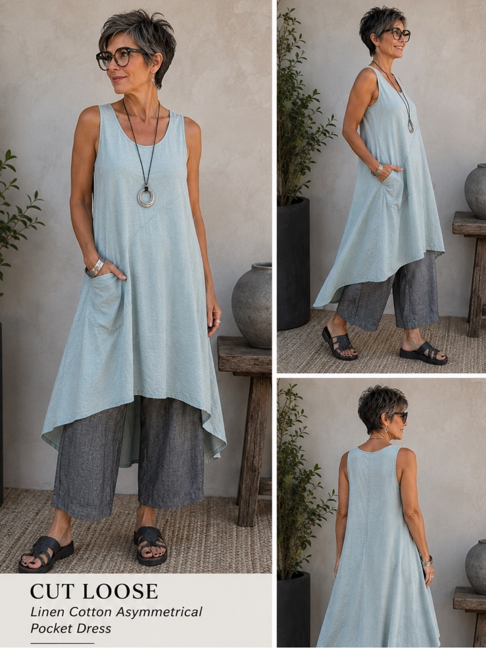 Cut Loose Linen Cotton Lagenlook Pocket throw on casual Dress Made in USA  M